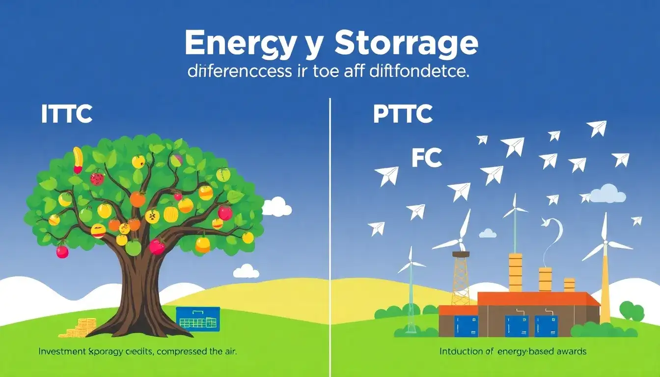 What are the main differences between investment tax credits and production tax credits for energy storage