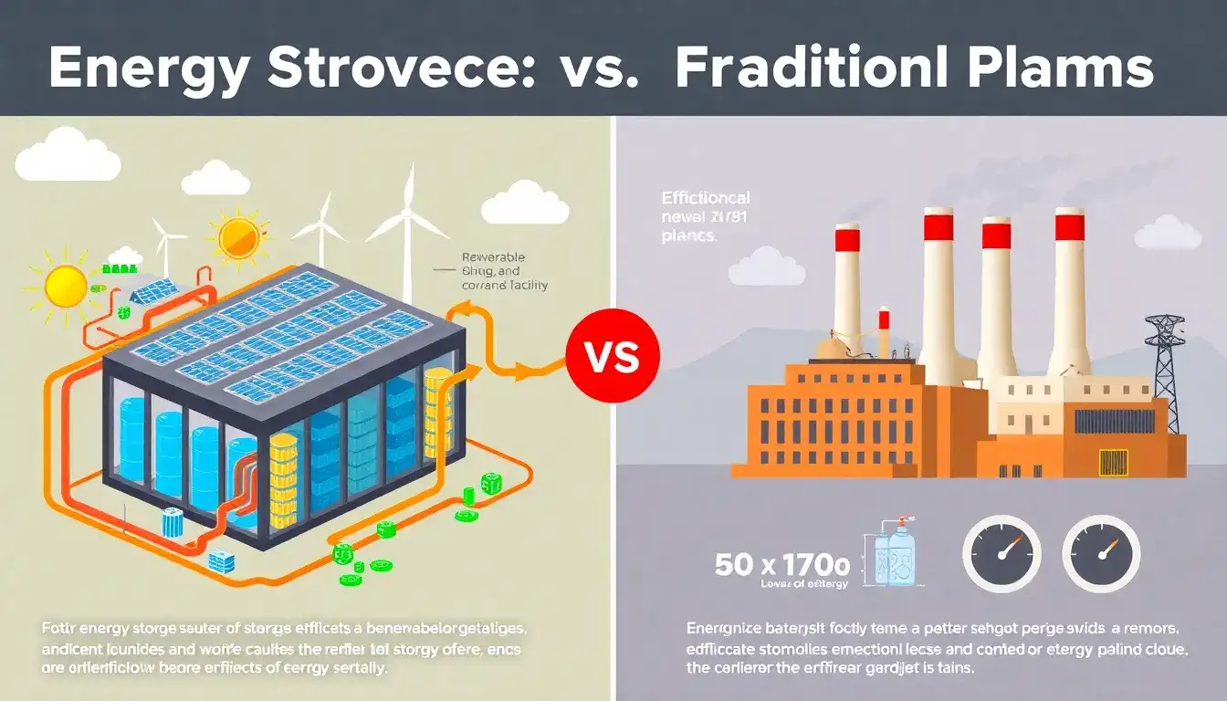 How do energy storage systems compare to traditional power plants in terms of efficiency