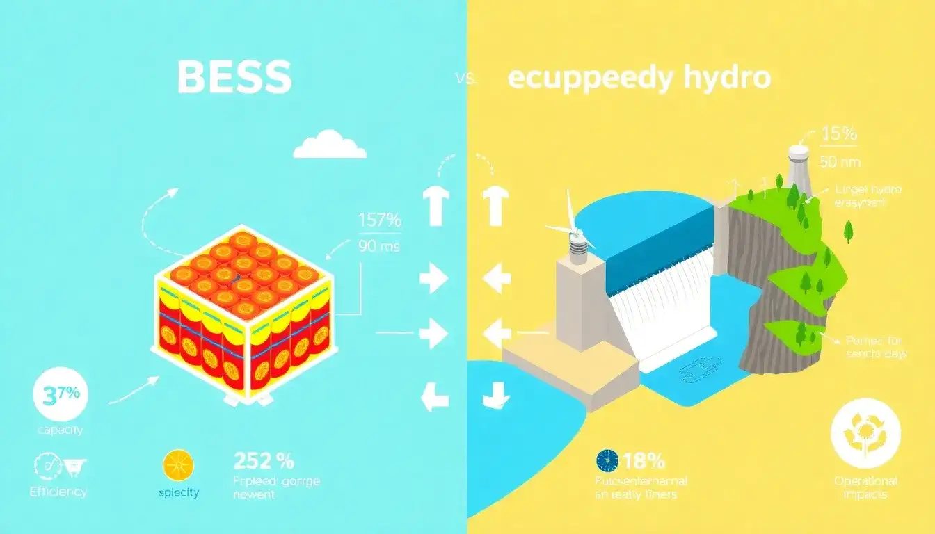 How does the efficiency of BESS compare to that of pumped hydro storage