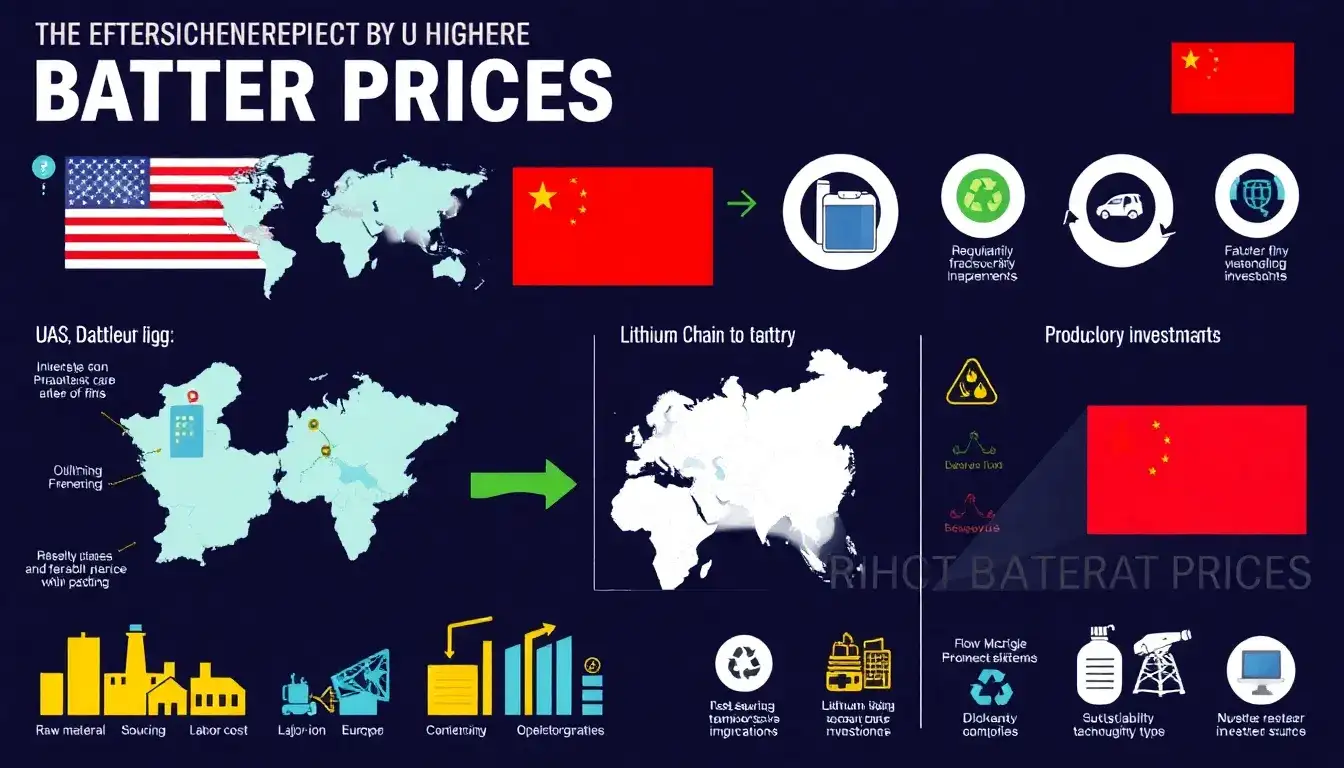 What factors contribute to the higher battery prices in the US and Europe compared to China