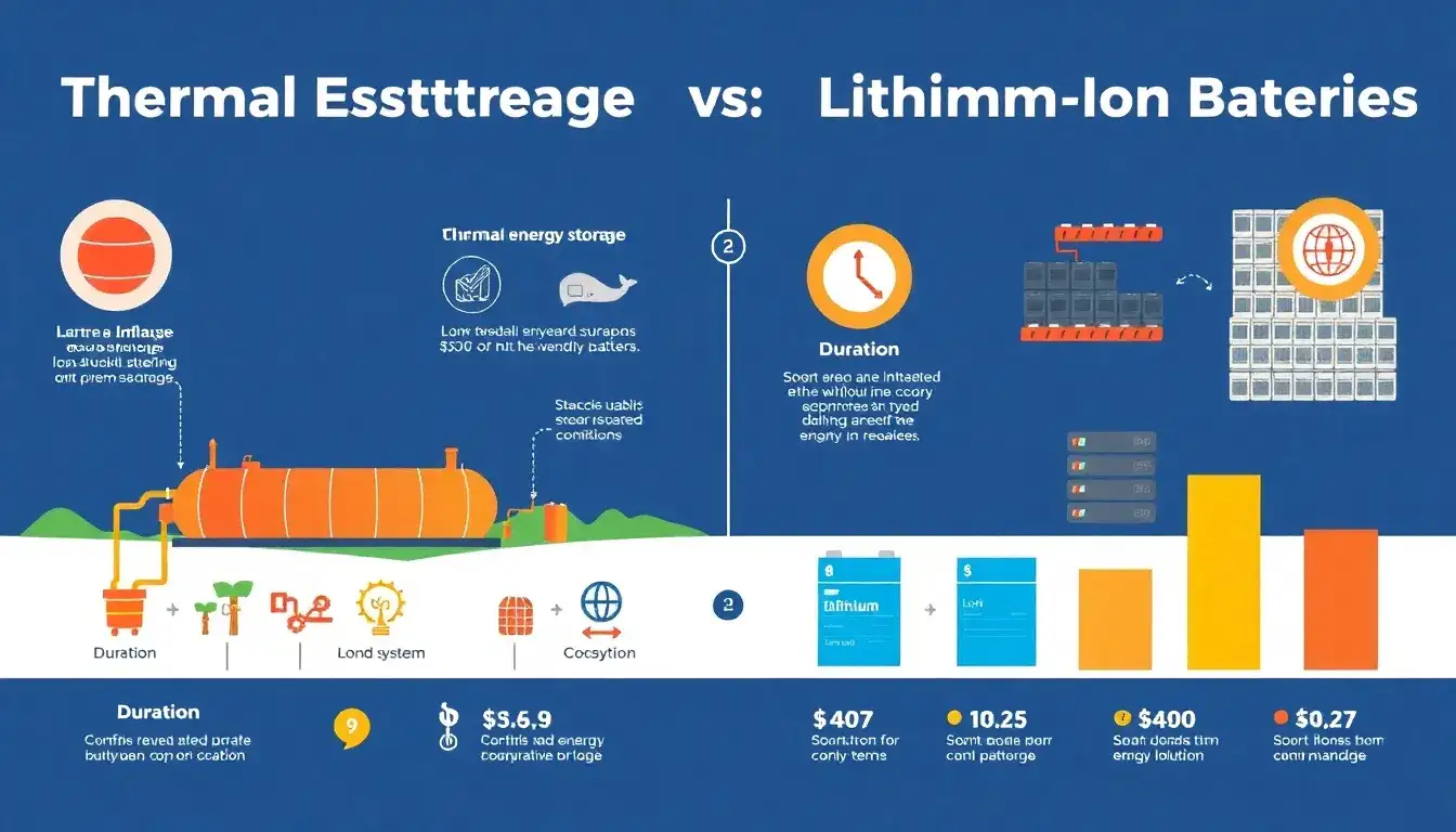 How do the costs of thermal energy storage compare to lithium-ion batteries for different durations