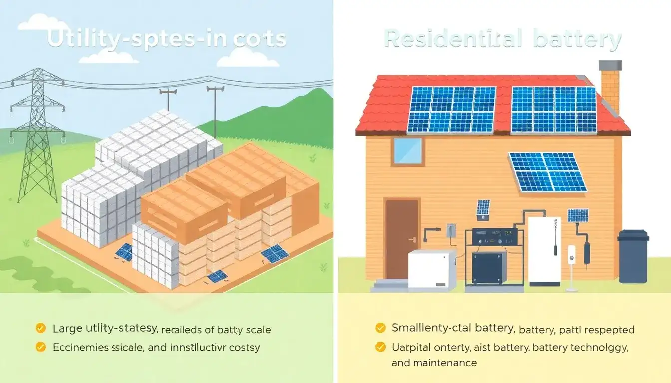 What are the main differences in the cost components between utility-scale and residential battery storage systems