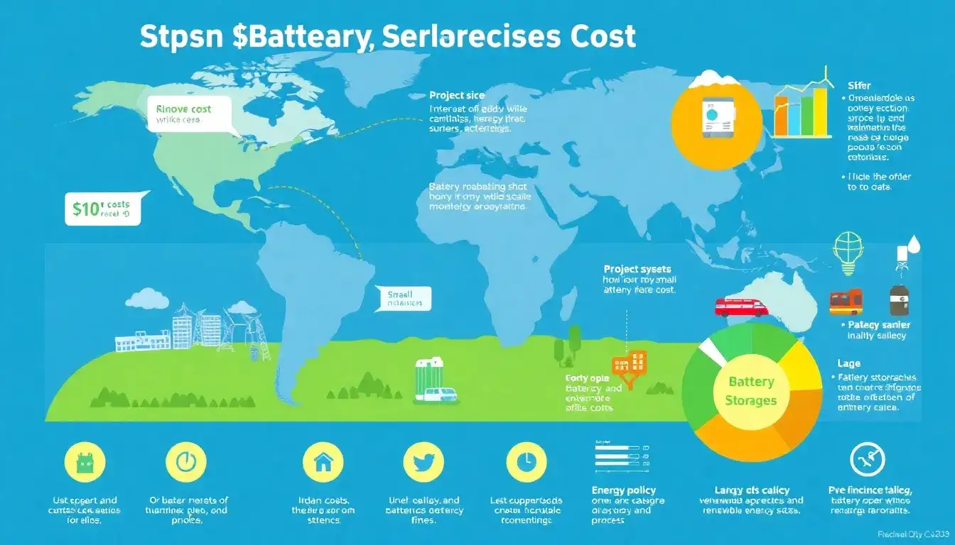 How does the cost of battery storage vary by location and project size