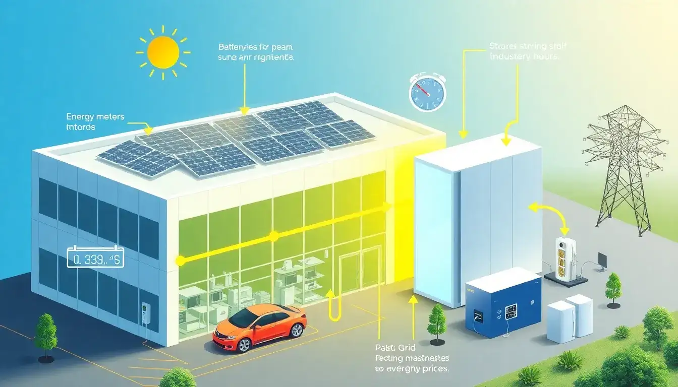 How do battery storage systems help reduce energy costs for commercial sites