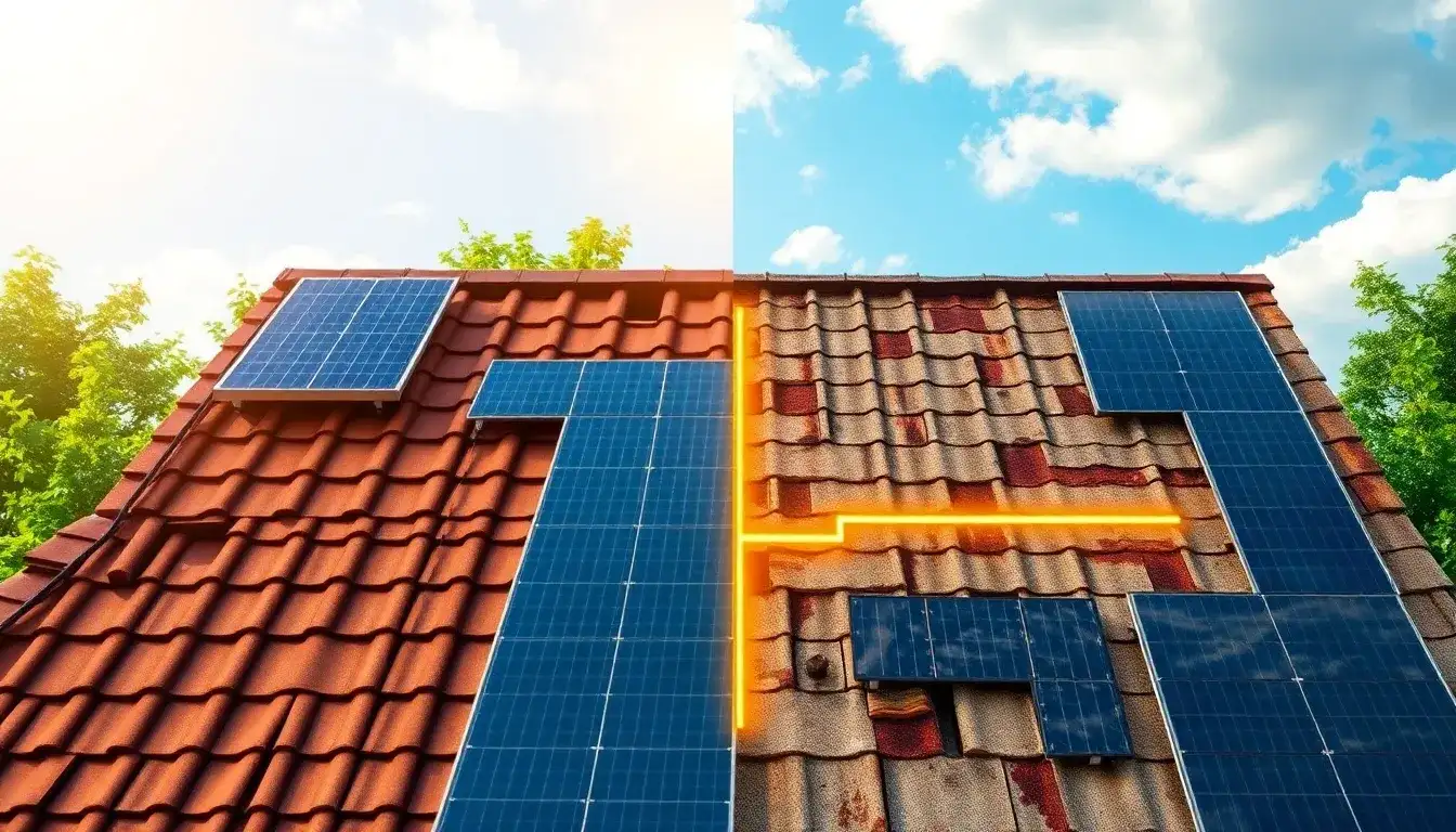 How does the age and condition of a roof impact solar panel efficiency