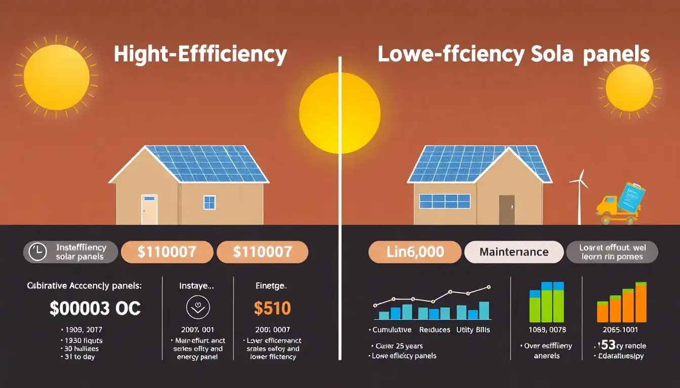 How do high-efficiency solar panels compare to lower-efficiency ones in terms of overall cost savings over their lifespan
