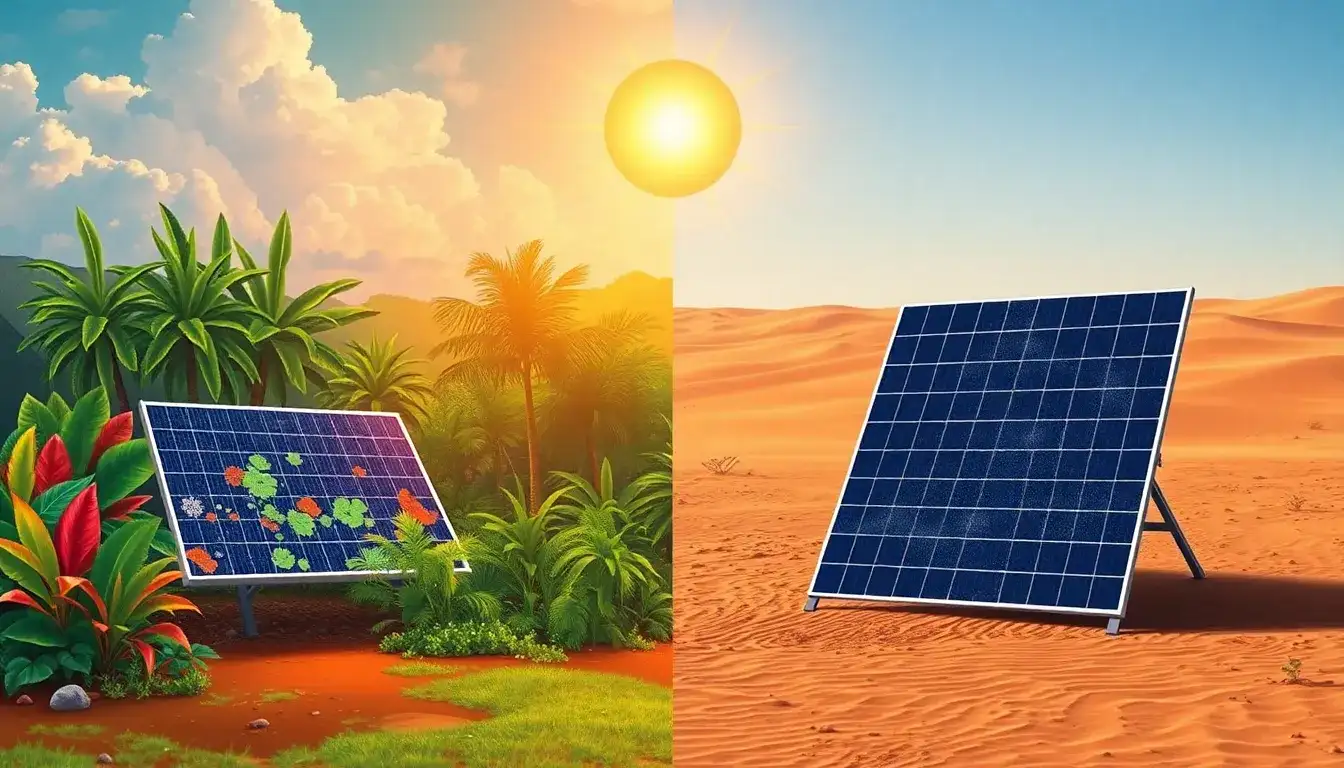 How does the degradation rate of solar panels differ between hot and humid climates versus desert climates