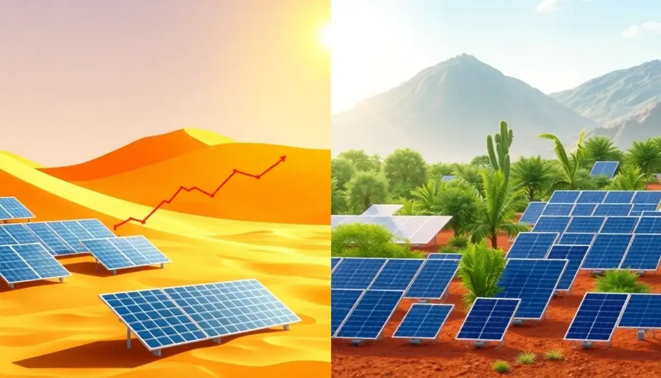 How does the temperature coefficient affect the efficiency of solar panels in different regions