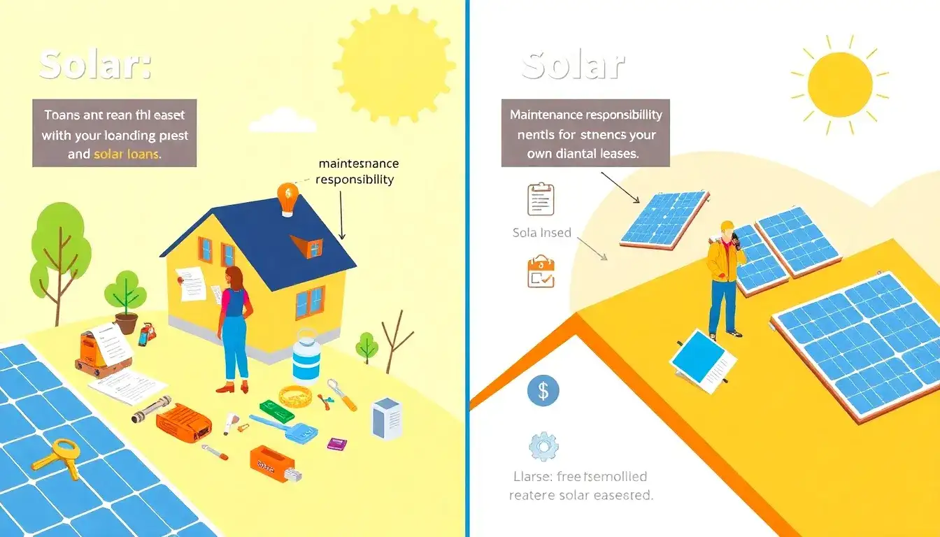 How does the maintenance responsibility differ between solar loans and leases