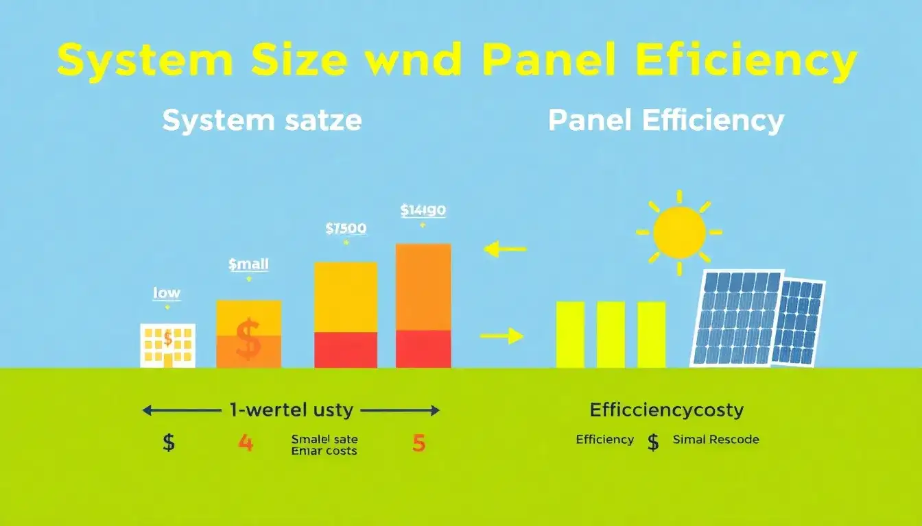 How do system size and panel efficiency impact the overall cost of solar panels