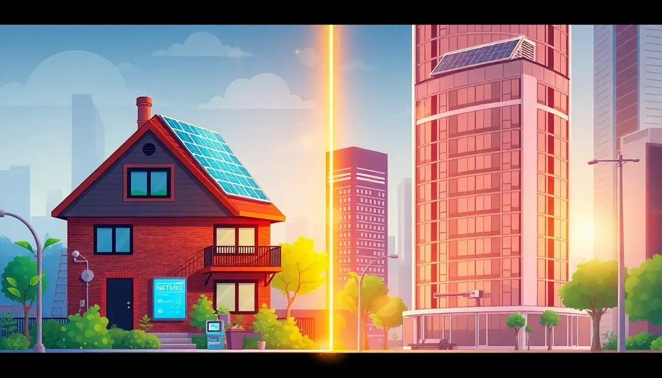 How does net metering differ between residential and commercial properties