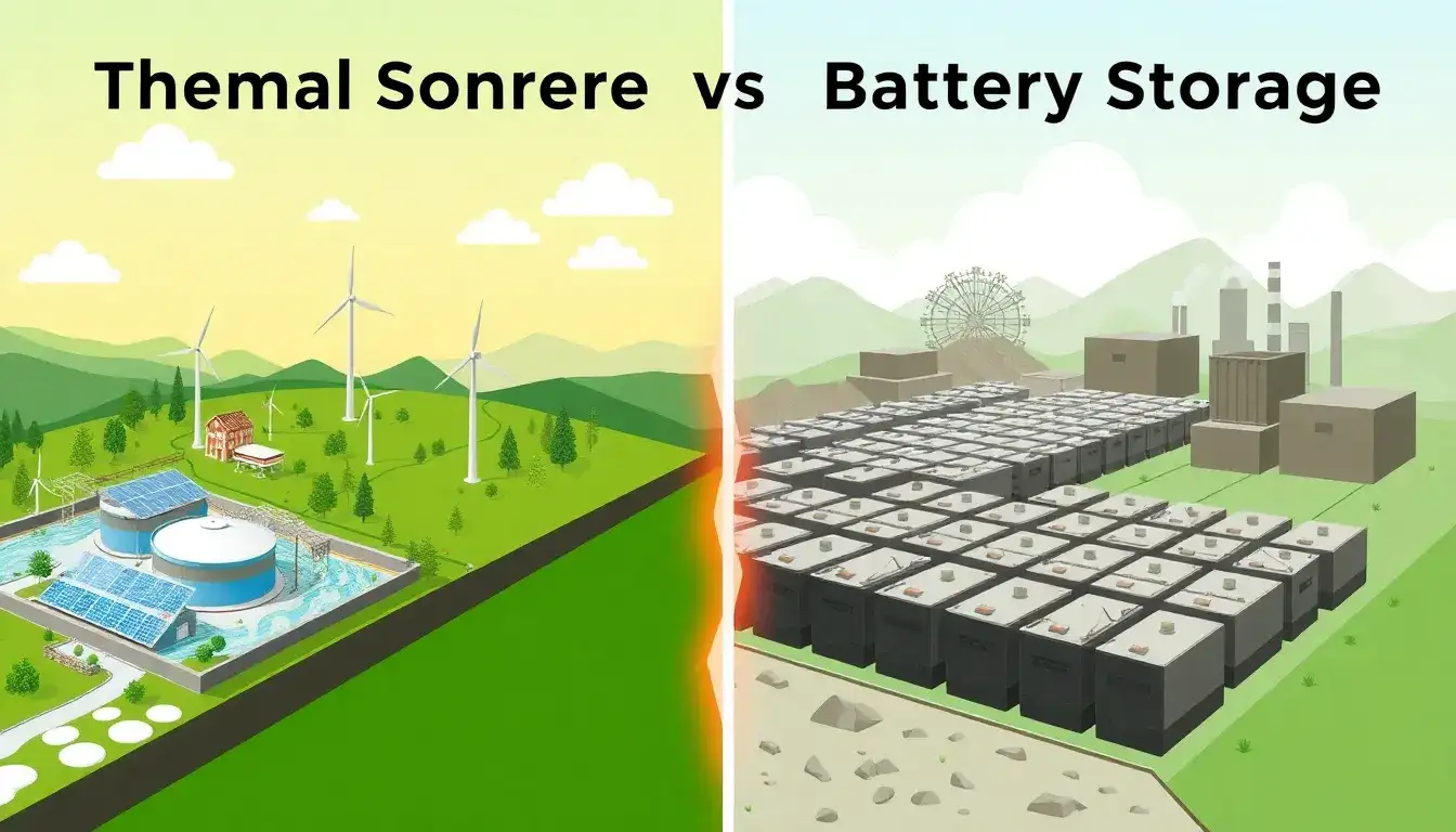 How do the environmental impacts of thermal energy storage and battery storage differ