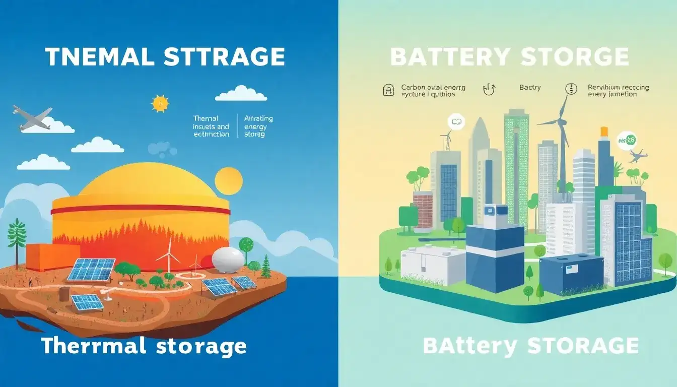 What are the environmental impacts of thermal energy storage versus battery storage