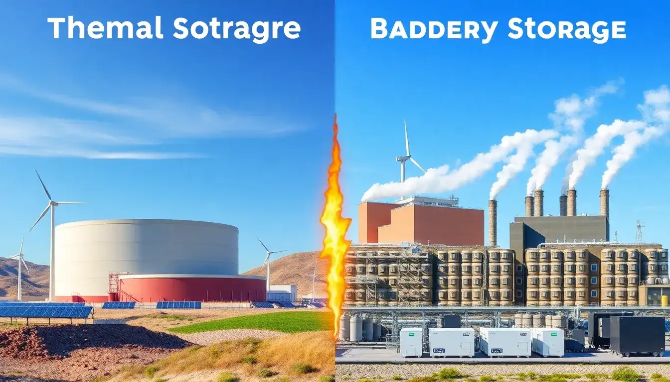 How does thermal energy storage compare to battery storage in terms of greenhouse gas emissions