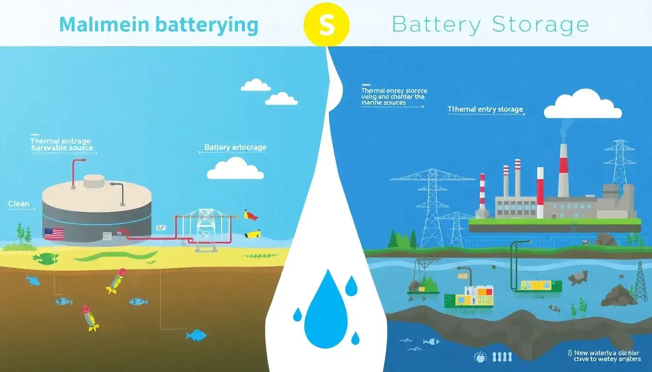 How does thermal energy storage impact water pollution compared to battery storage
