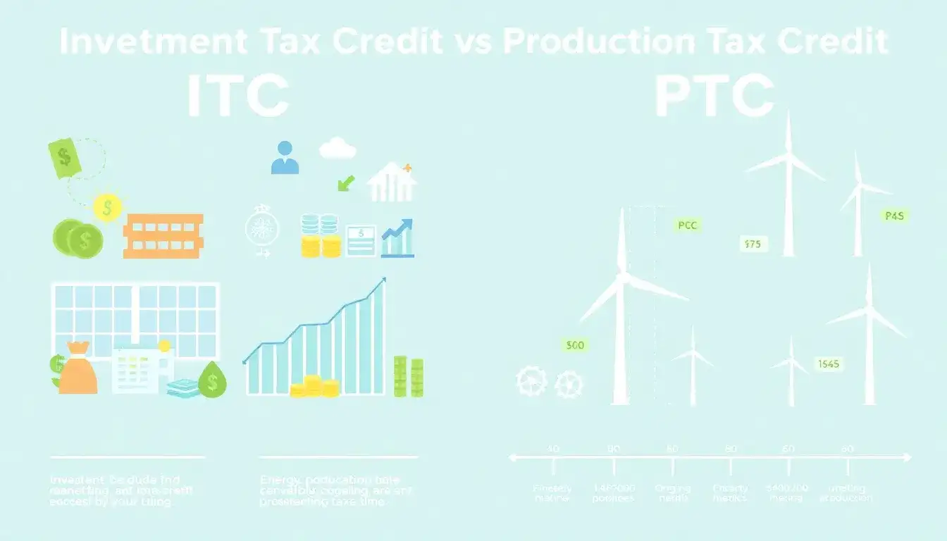 What are the differences between the Investment Tax Credit (ITC) and the Production Tax Credit (PTC)