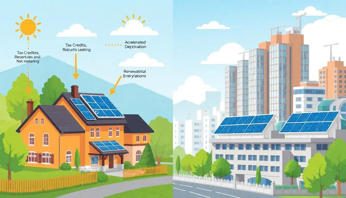 How do solar incentives differ for residential and commercial properties