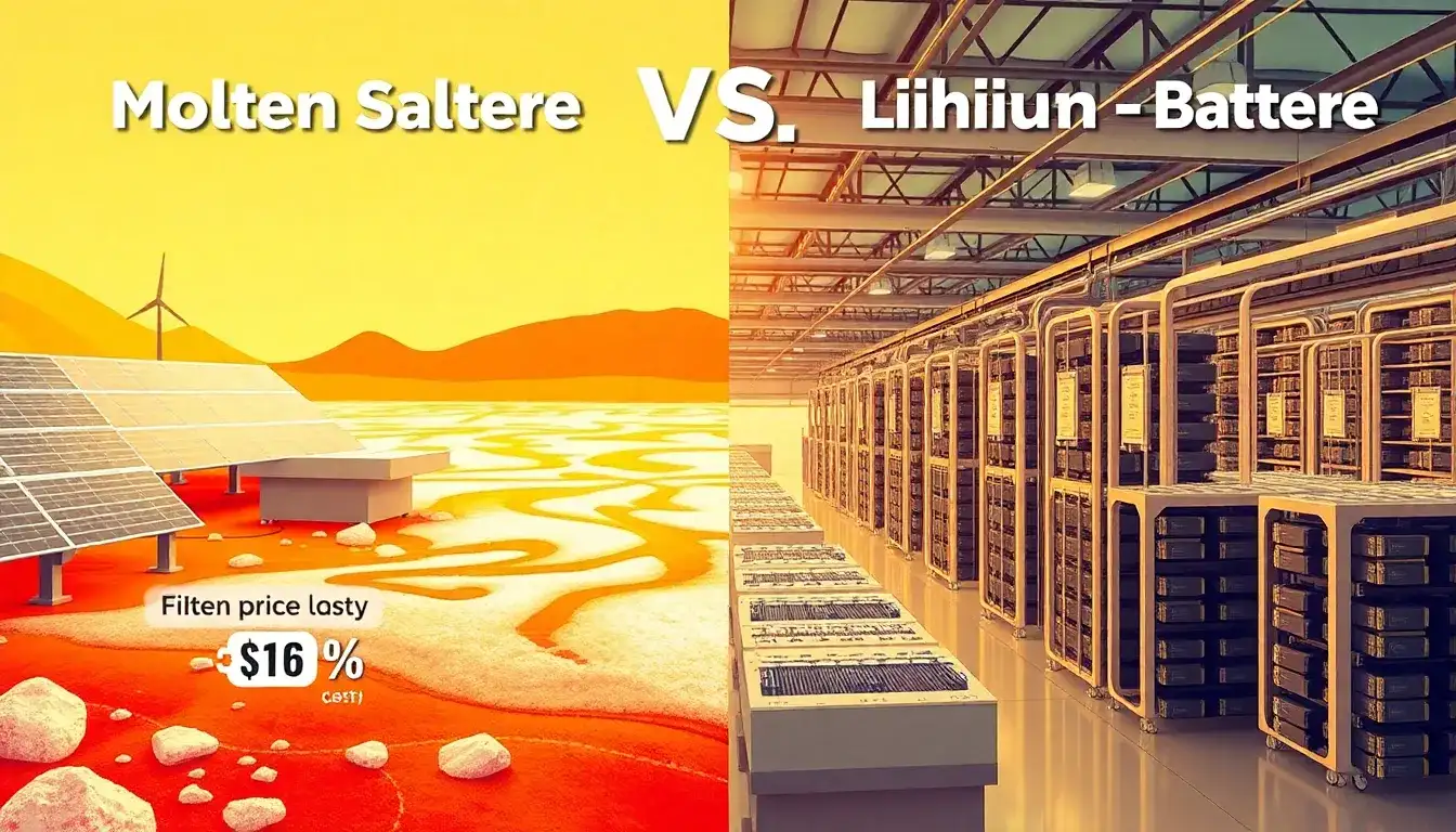 How does the cost of molten salt energy storage compare to lithium-ion batteries
