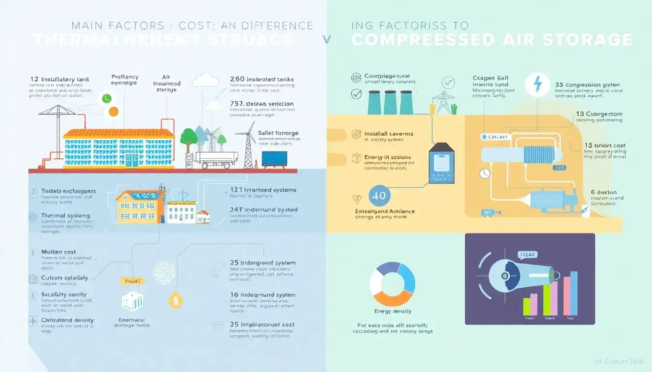 What are the main factors influencing the cost differences between thermal energy storage and compressed air storage