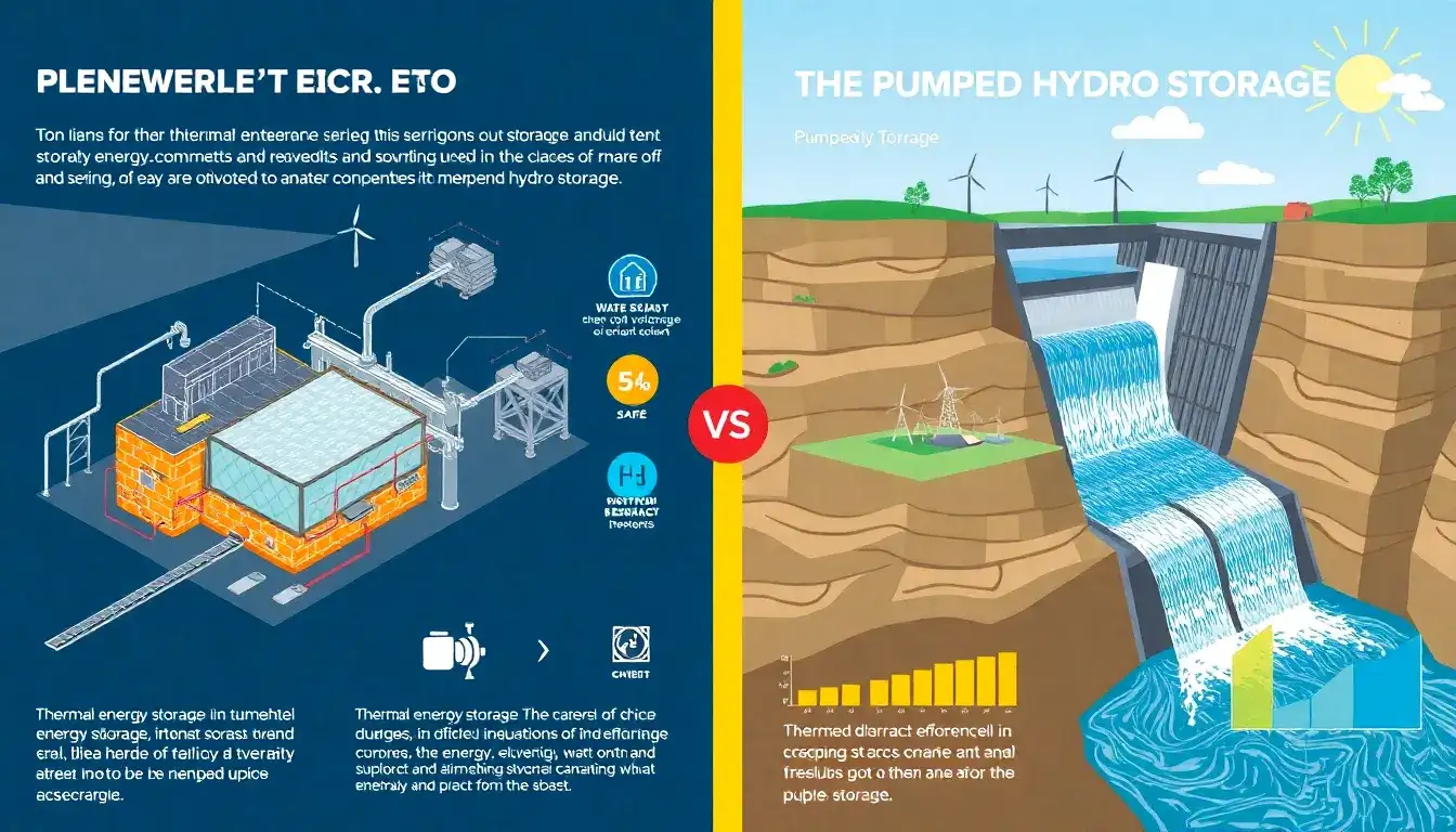 How does the efficiency of thermal energy storage compare to pumped hydro power