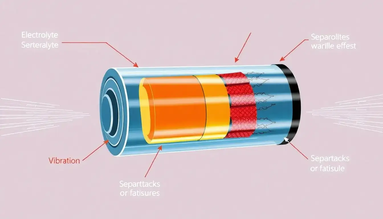 What specific materials are most susceptible to damage from vibrations in lithium-ion batteries