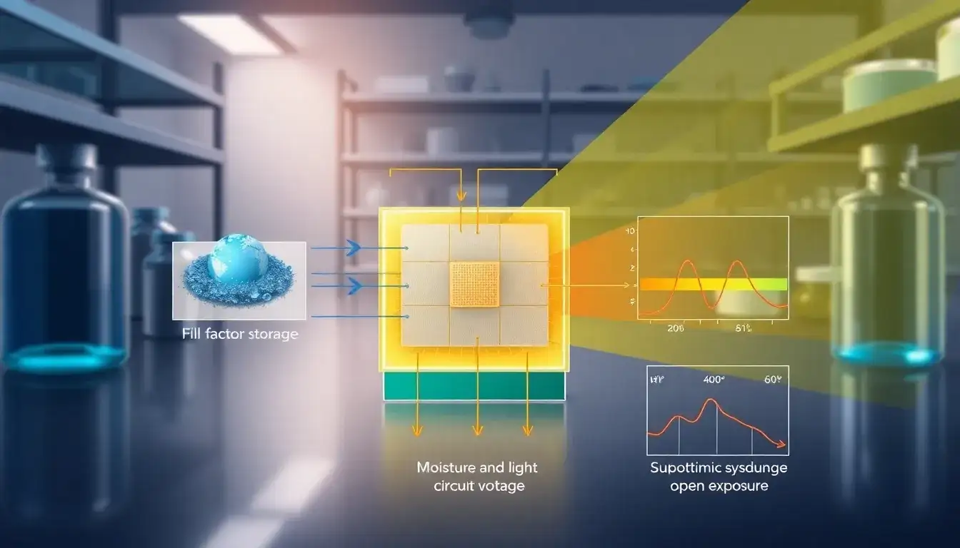 How does ambient storage affect the fill factor and open-circuit voltage of perovskite solar cells