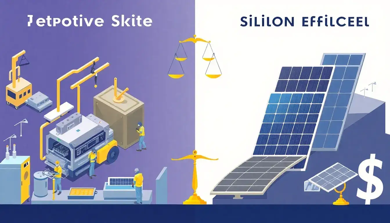What role do production efficiencies play in the cost difference between perovskite and silicon solar panels