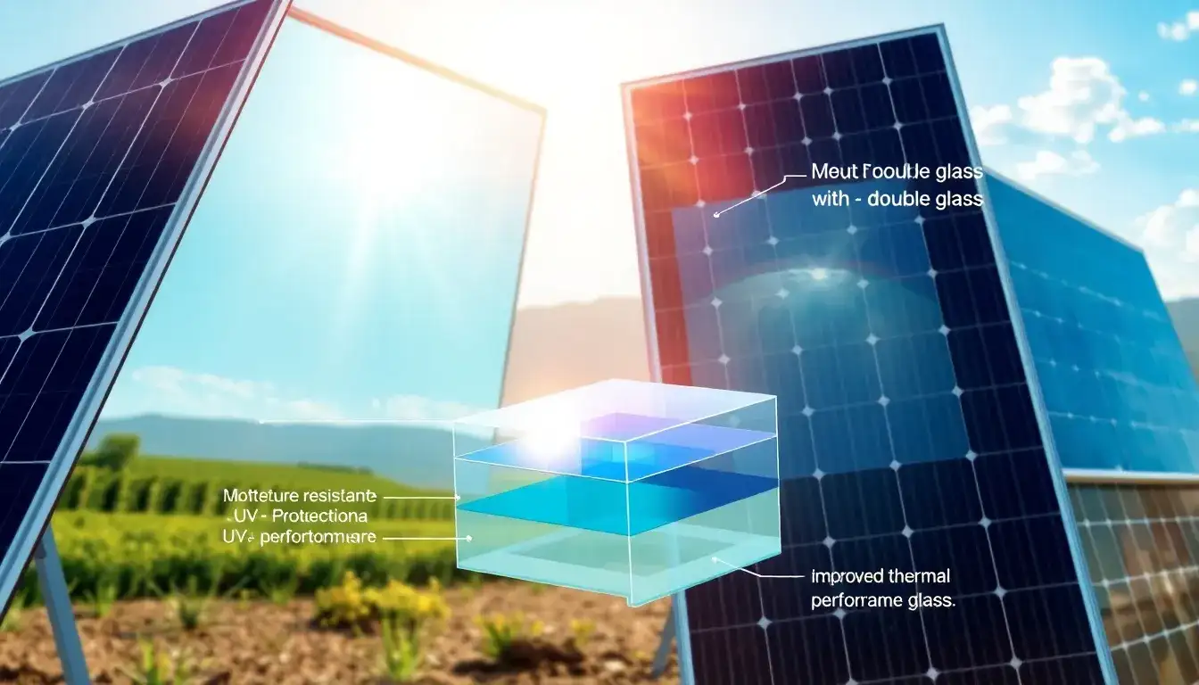 How does the double-glass construction improve the lifespan of bifacial solar panels