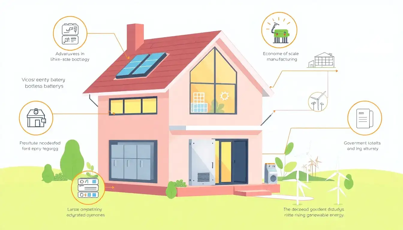 What are the main factors driving the decrease in battery costs for home energy storage