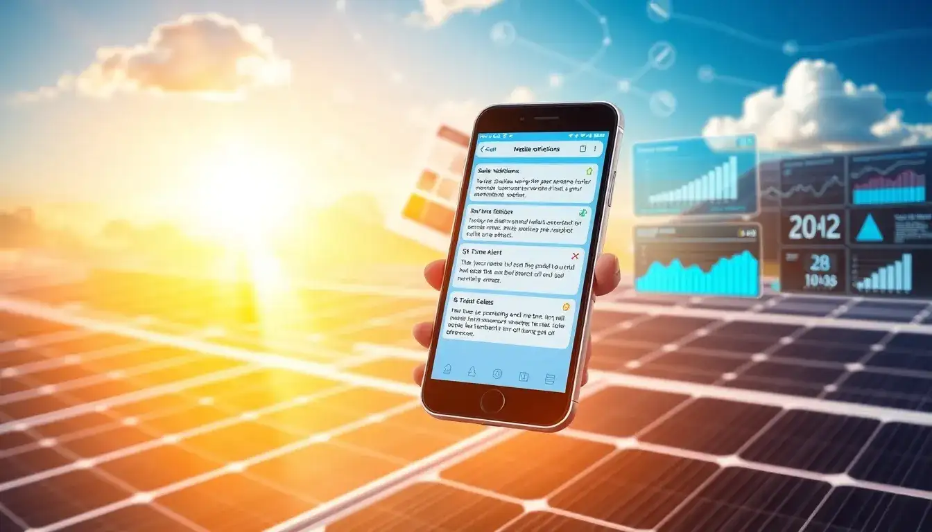 How do mobile notifications and real-time alerts enhance the management of solar systems