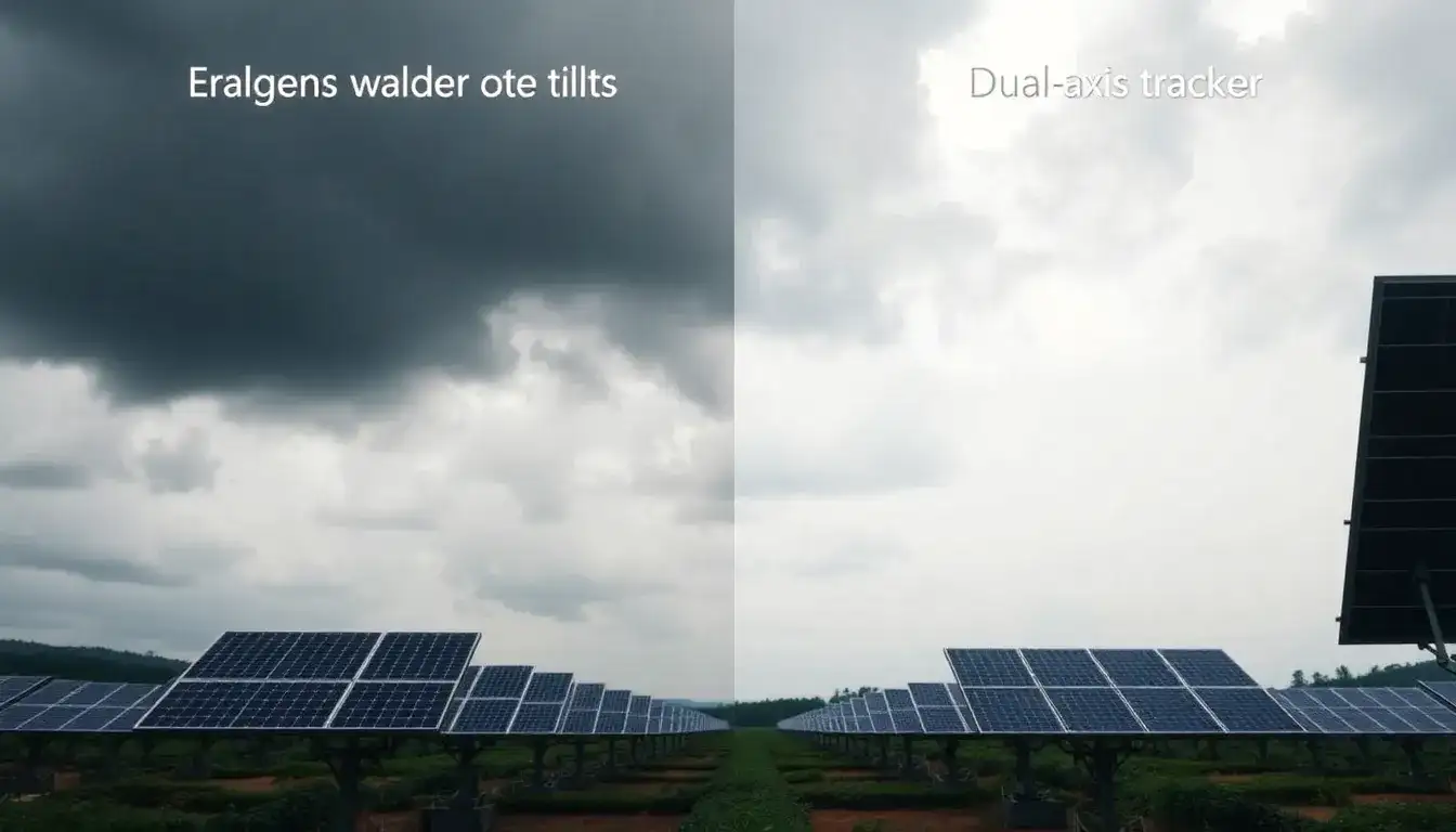 How do single-axis trackers compare to dual-axis trackers in cloudy conditions
