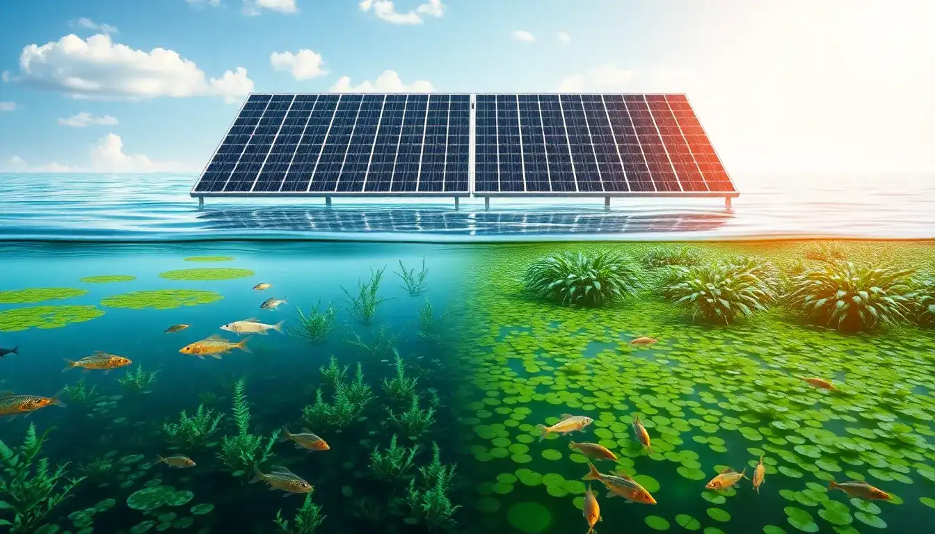 What role do floating solar panels play in reducing algae blooms