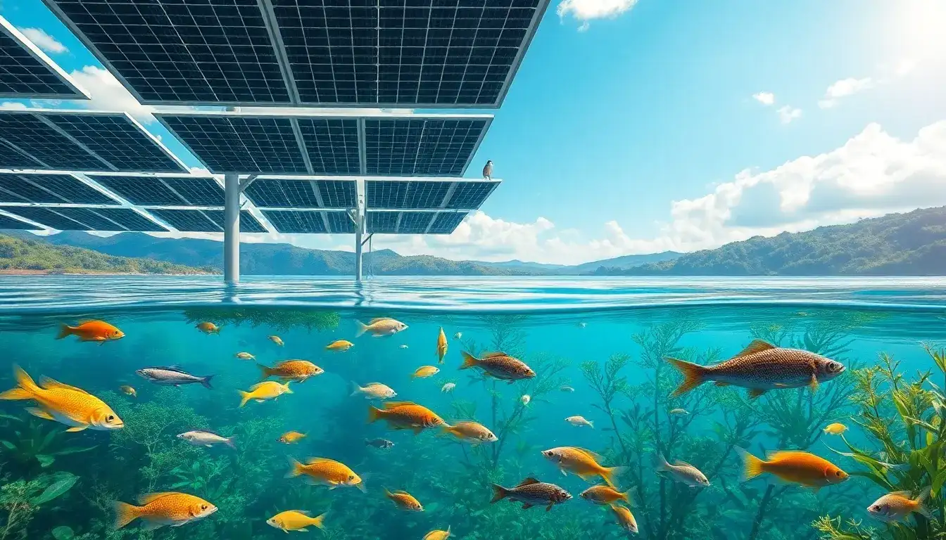 How does the installation of floating solar panels affect aquatic biodiversity