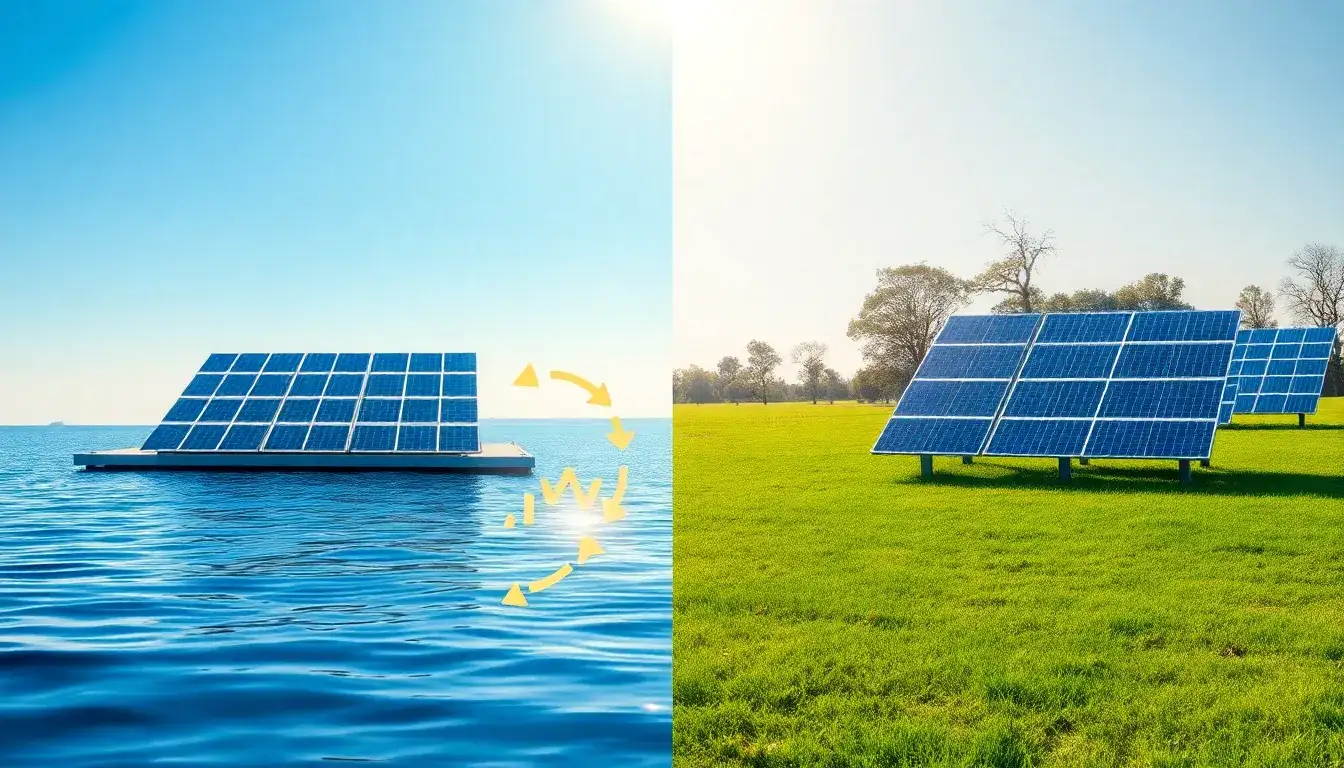 How do floating solar panels compare to traditional land-based solar panels in terms of efficiency