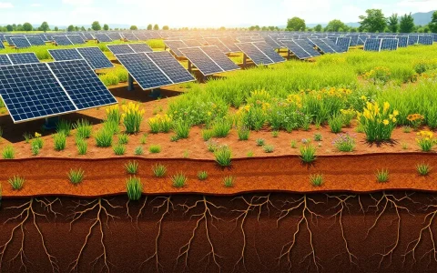 How does planting native vegetation at solar farms help in soil and water management