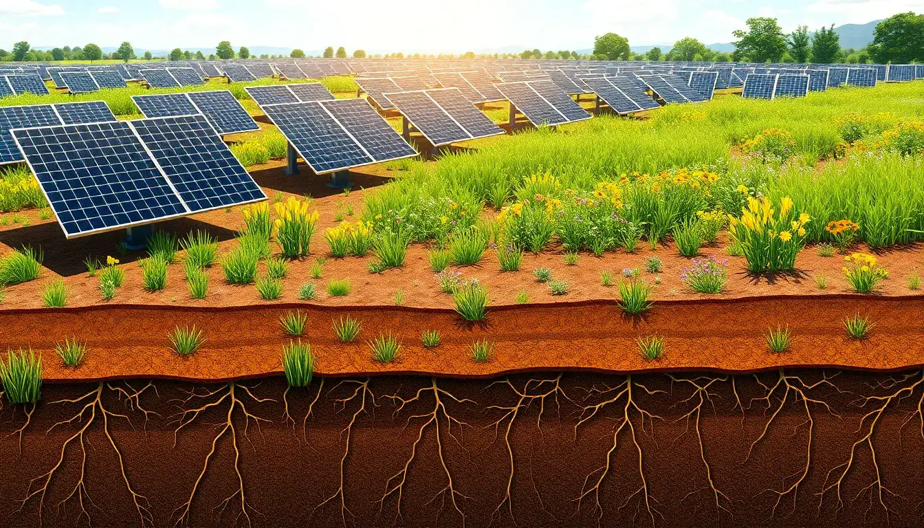How does planting native vegetation at solar farms help in soil and water management