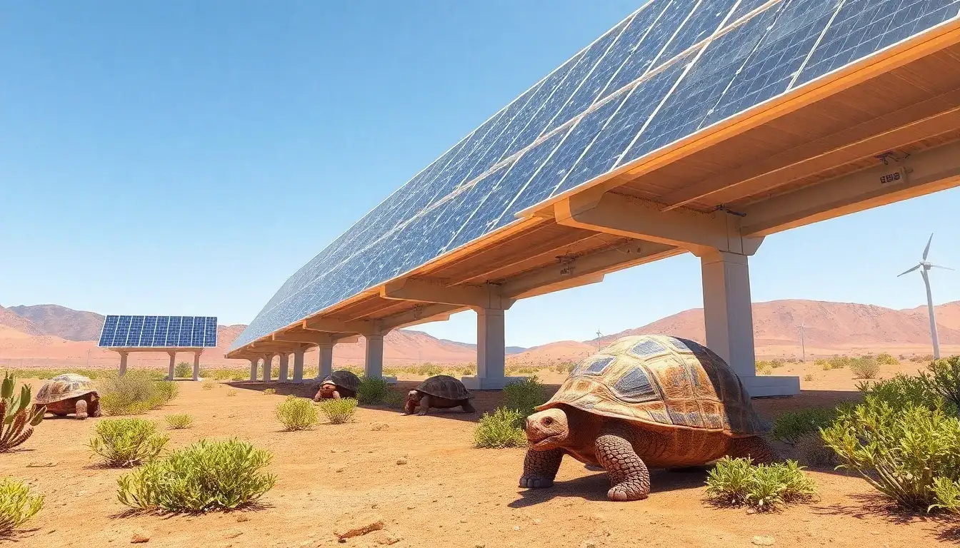 What innovative solutions have been implemented to minimize the impact of solar panels on desert tortoises