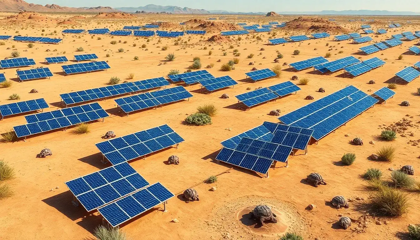How does the spacing of solar panels affect desert tortoise habitats