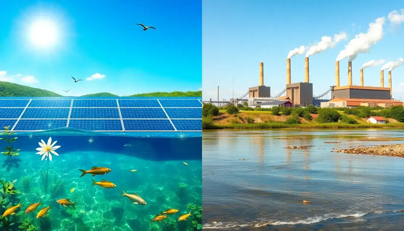 How does solar energy impact water quality compared to traditional power plants