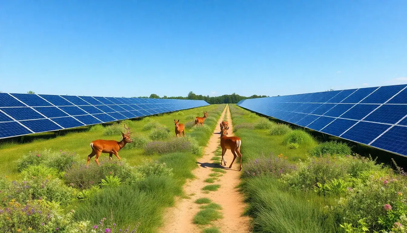 How can solar farms be designed to include wildlife corridors