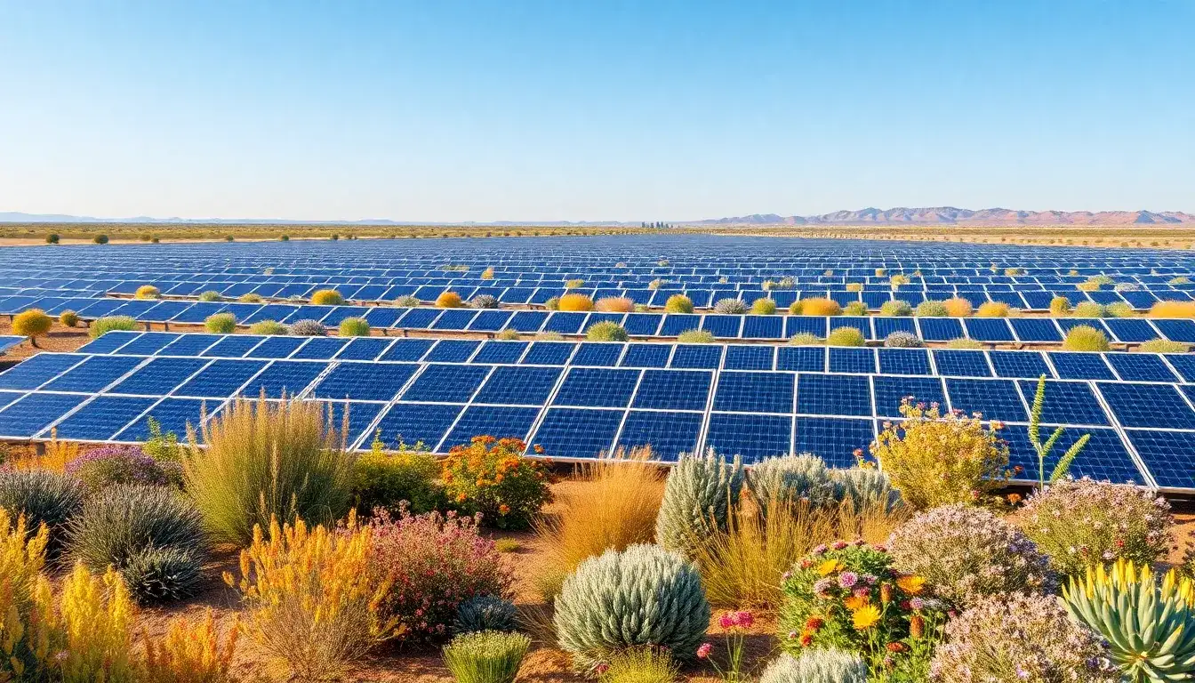 What types of native vegetation are typically used in solar farms