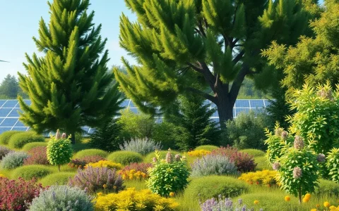 What types of vegetation are most effective for reducing noise pollution from solar facilities