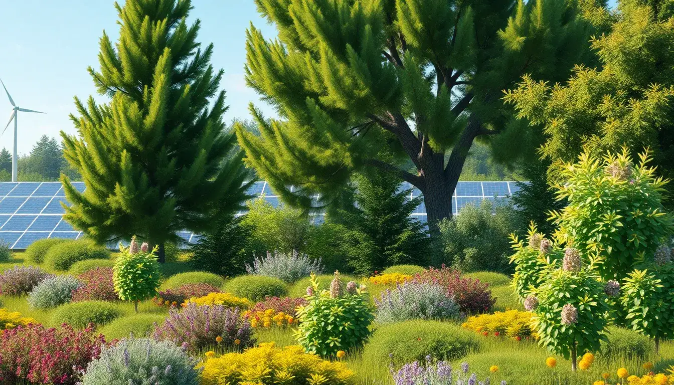What types of vegetation are most effective for reducing noise pollution from solar facilities
