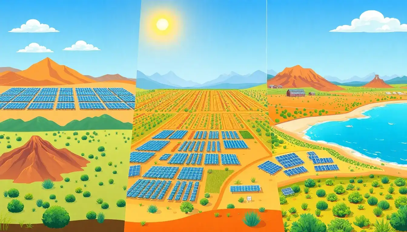How does the land use for solar farms vary by region