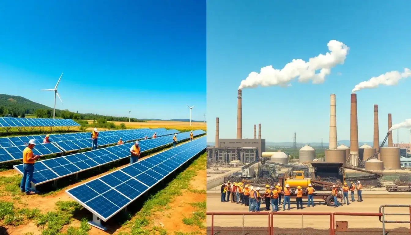 What are the employment benefits of solar farms compared to fossil fuel plants