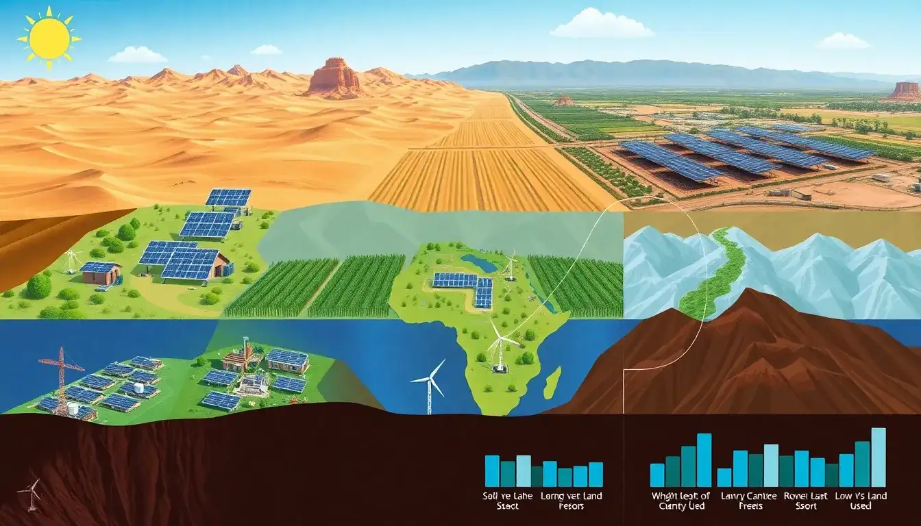 How does the land use requirement for solar panels vary by region