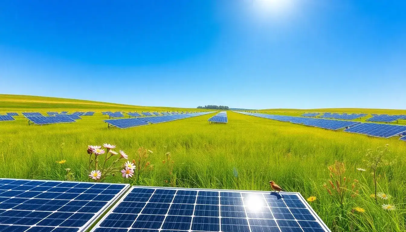 What are the environmental benefits of using native grassland vegetation in solar farms