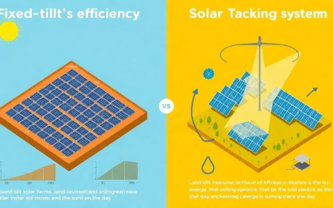 How does the land use efficiency of fixed-tilt solar farms compare to tracking systems