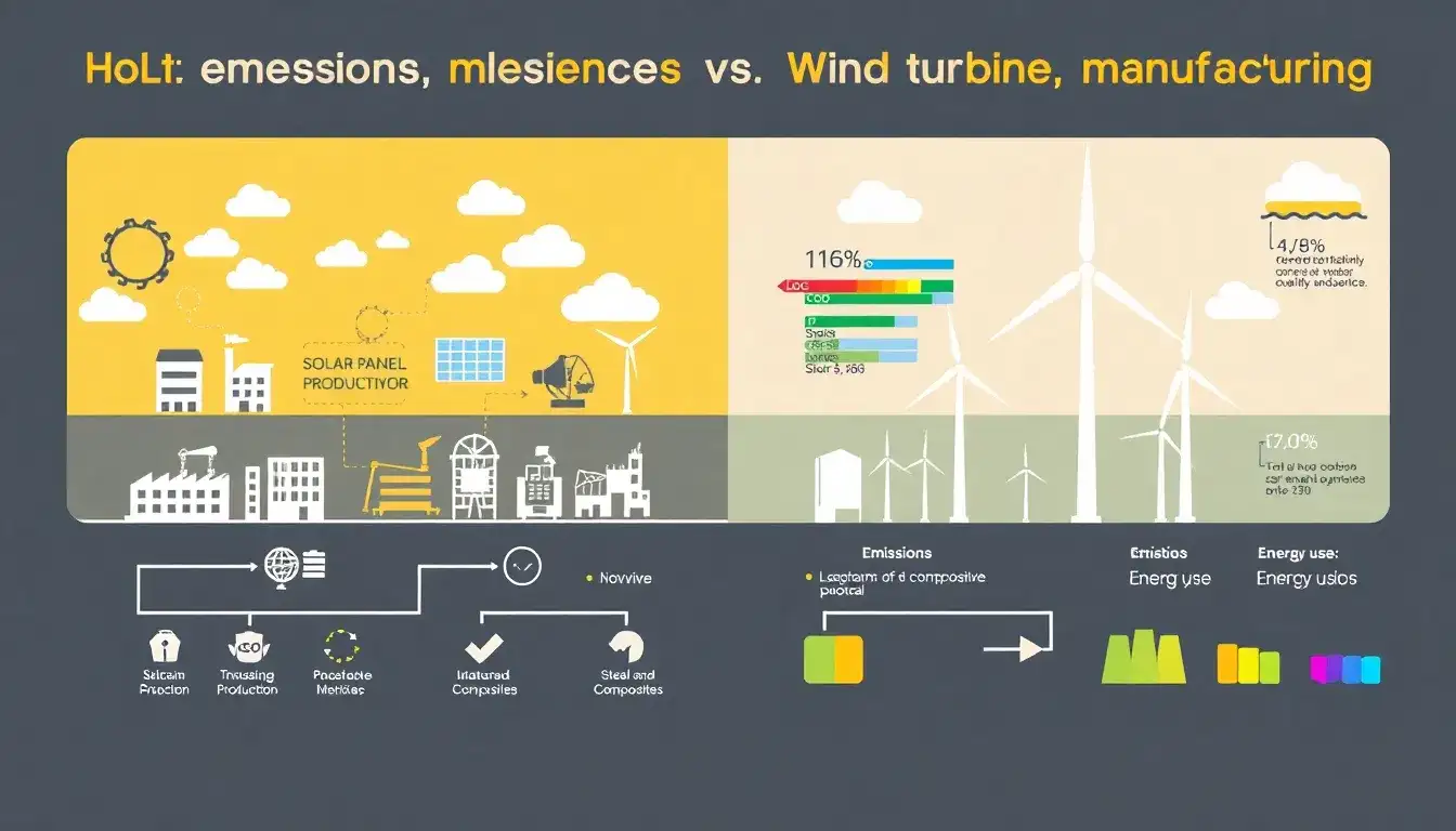 How do the emissions from solar panel manufacturing compare to those from wind turbine manufacturing