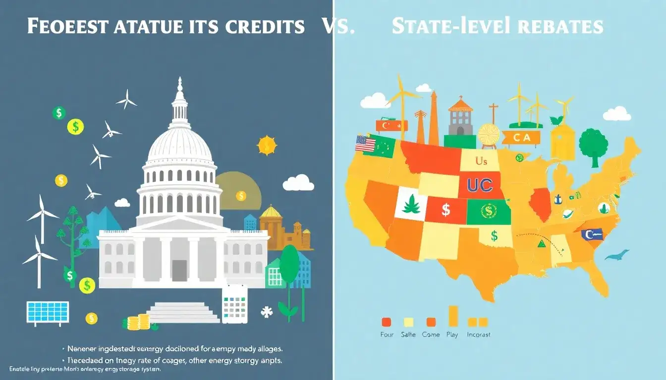 How do federal tax credits compare to state-level rebates for energy storage